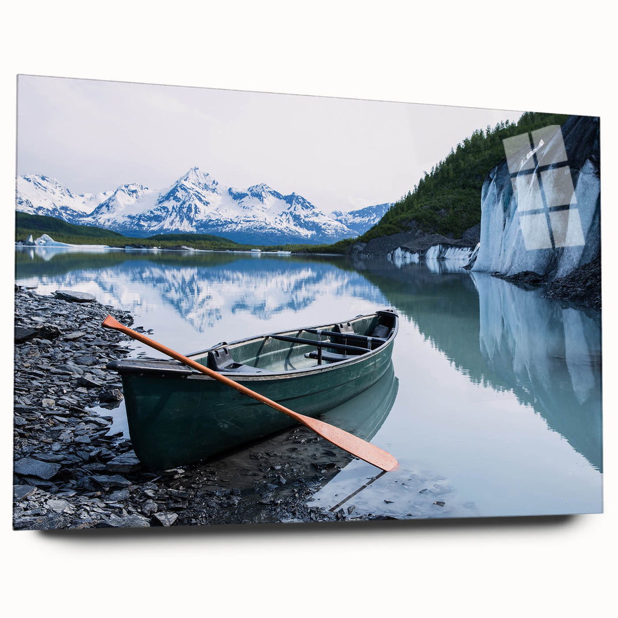 Acrylic print of a serene Alaskan landscape in cool blue and gray tones, suitable for bedroom or dining room decor.
