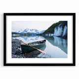Extra large abstract art print of Alaska scenery in colorful, textured strokes on a black framed canvas.