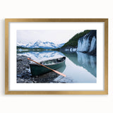 Abstract art print depicting Alaskan scenery in textured blues and whites on a large framed canvas.