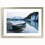Textured abstract art print depicting Alaska scenery in muted gray and blue tones, framed in silver, ideal for bedroom art.