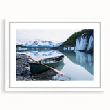 Abstract art print of Alaska scenery in muted gray and blue tones on a white-framed canvas.