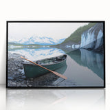 Large abstract wall art depicting an Alaskan landscape in muted earth tones, framed in black acrylic.