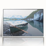 Acrylic print of a serene Alaskan landscape in muted gray and blue tones, framed in white.