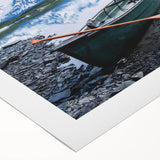 Art deco poster of Alaska scenery in muted blue and white tones on rolled canvas, suitable for dining room wall art.