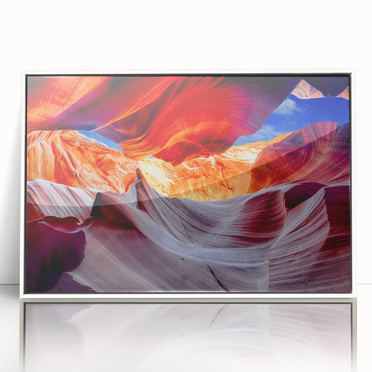 Art deco poster of Antelope Canyon in Arizona, with red and orange hues on framed acrylic, ideal for modern art wall decor.