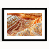 Colorful abstract art print of Arizona's Coyote Buttes, in a black frame with mat, ideal for living room decor.