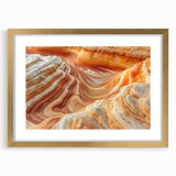Extra large abstract art print of Arizona's Coyote Buttes in muted earth tones, framed in gold, ideal for living room decor.