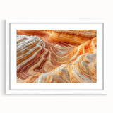 Abstract art print of Coyote Buttes in Arizona, featuring earthy red and orange tones on a white framed matte.