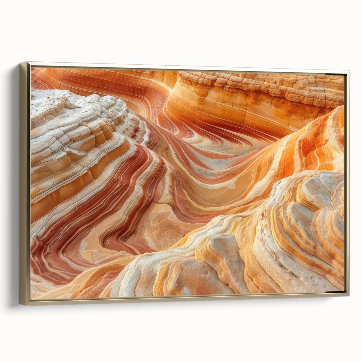 Framed canvas of Coyote Buttes in Arizona with golden hues and black borders, suitable as wall art for a bedroom.