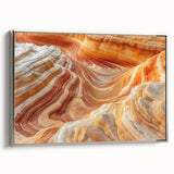 Landscape art painting of Coyote Buttes in Arizona on a silver-framed canvas, featuring earthy red and orange tones.