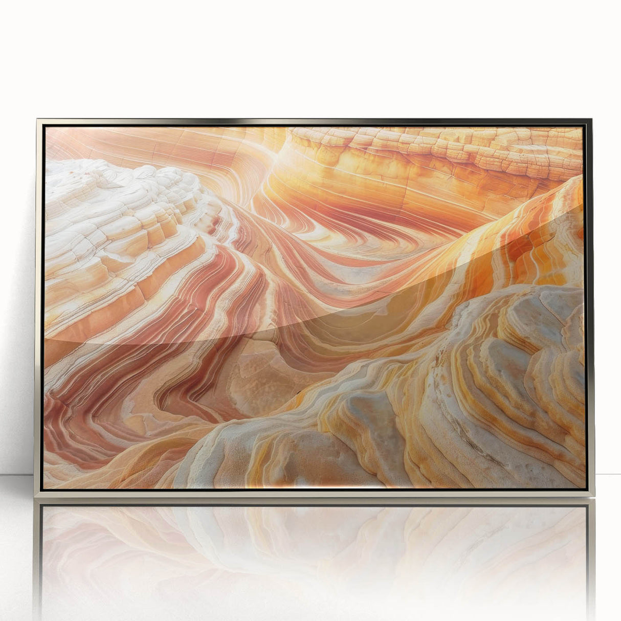 Mid-century modernist art depicting the Coyote Buttes in Arizona, with earth tones on a framed acrylic.