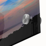 Large abstract wall art on acrylic glass depicting a mid-century modernist Arkansas scenery in muted earth tones.