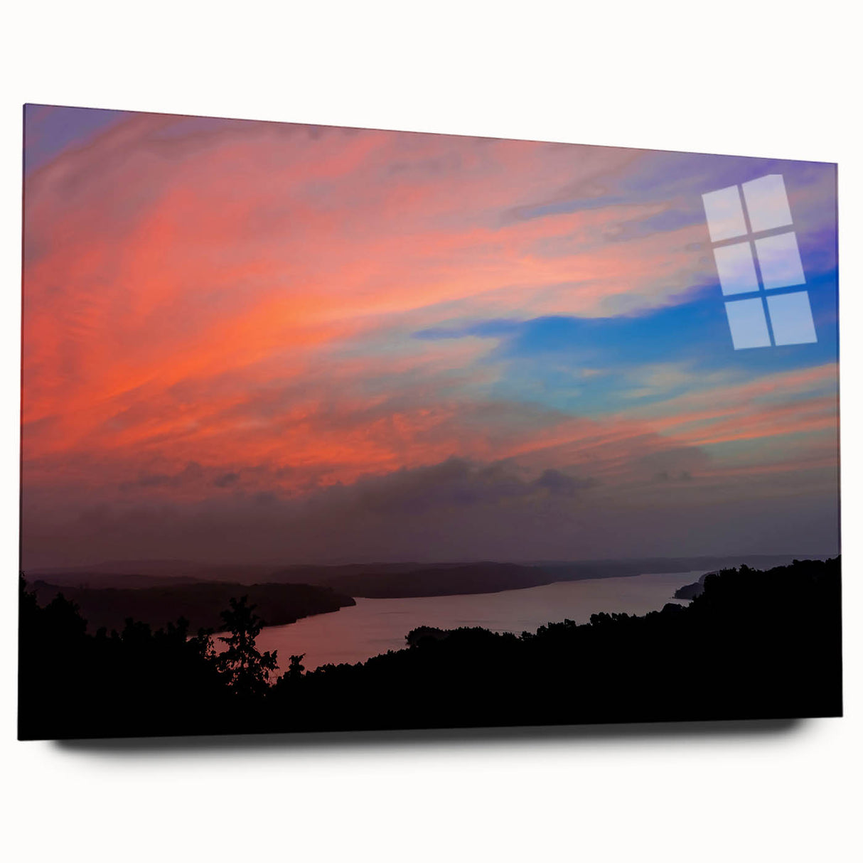 Large abstract wall art of Arkansas scenery in muted earth tones on acrylic glass, ideal for bedroom or dining room decor.