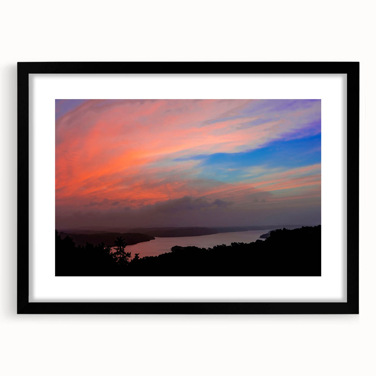 Colorful abstract art print of a textured Arkansas landscape on a large framed canvas, suitable for living room decor.