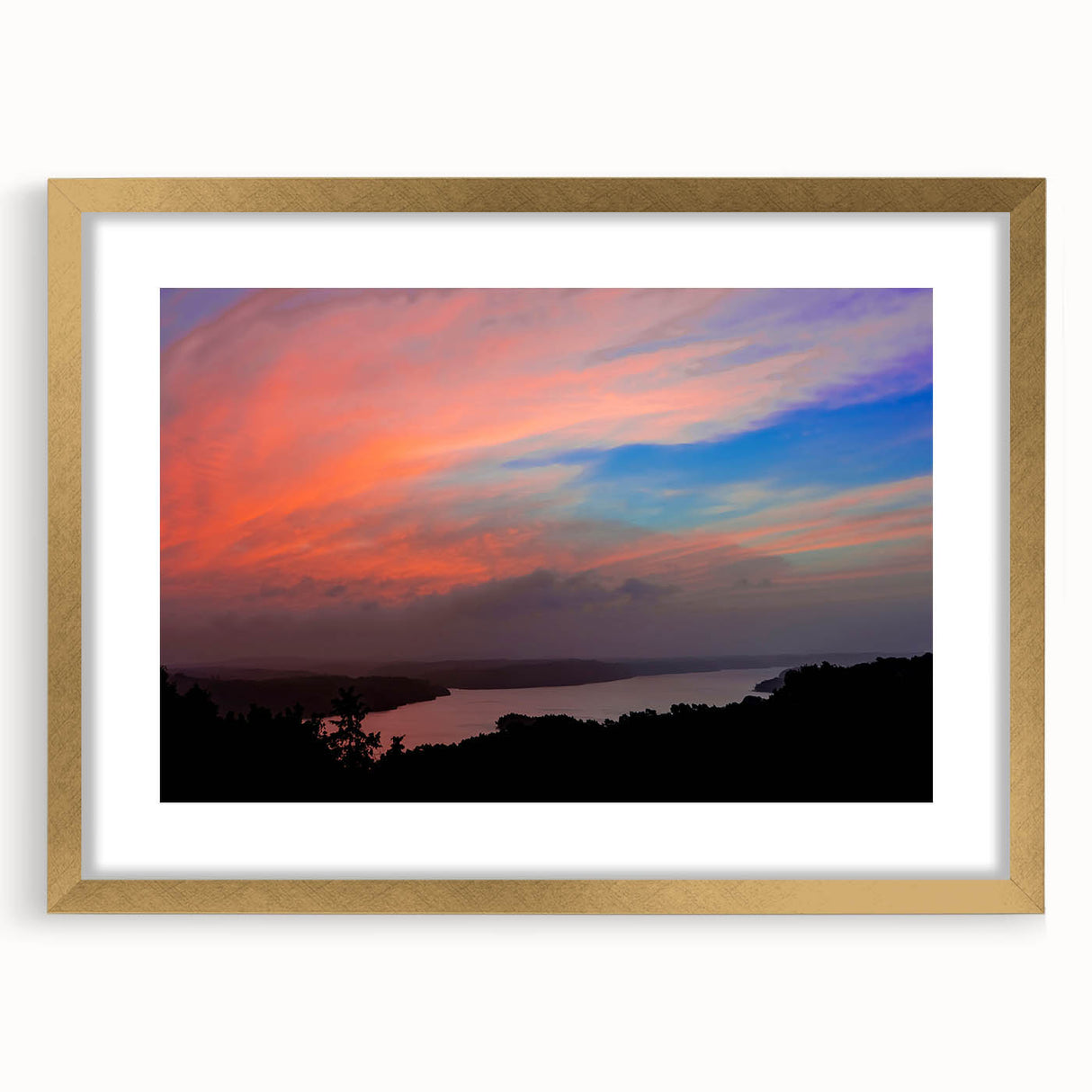 Extra large abstract art print of Arkansas scenery in textured style, featuring earth tones, framed in gold.