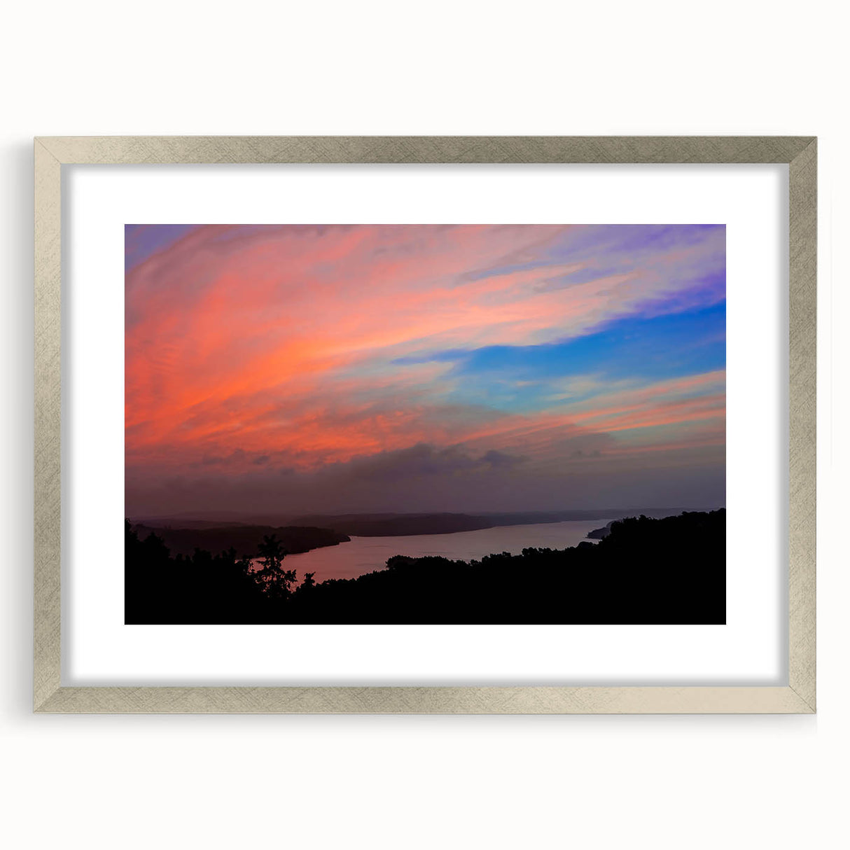 Textured abstract art print of Arkansas scenery in muted earth tones, framed in silver, ideal for bedroom art.