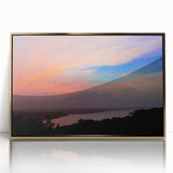 Large art print of a serene Arkansas landscape, framed in gold acrylic, in mid-century modernist style.