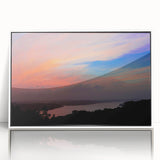 Art deco poster of Arkansas scenery in muted blue and green tones, framed in white acrylic, suitable for nursery wall art.