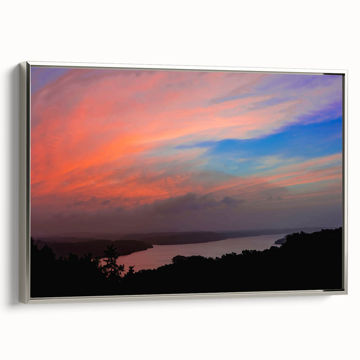 Framed canvas of a vintage-style Arkansas landscape painting with vibrant colors and black accents, ideal for office decor.
