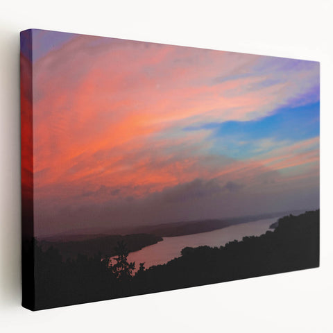 Stretched canvas depicting a serene Arkansas landscape in muted green and blue tones, suitable for kitchen wall art.