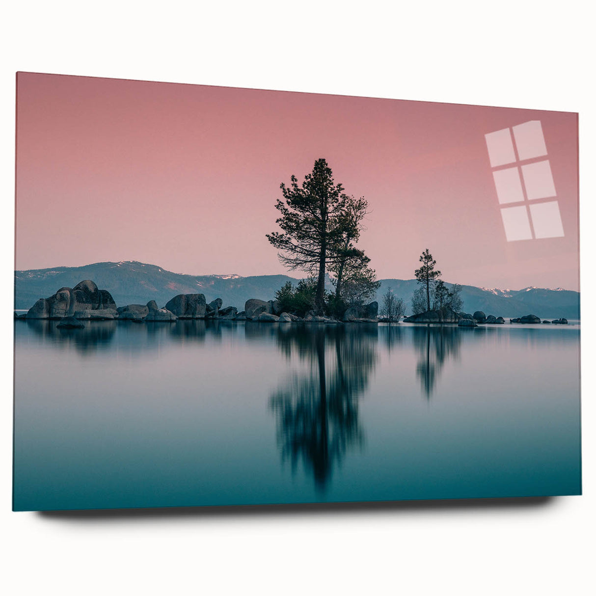 Large abstract wall art of Lake Tahoe in muted blue and green tones on acrylic glass, ideal for bedroom or dining room decor.