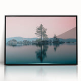 Large abstract wall art depicting Lake Tahoe in muted blue and green tones, framed in black acrylic.