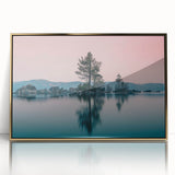 Framed acrylic print of Lake Tahoe with rich blue and green tones, in a mid-century modernist style.