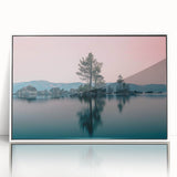 Art deco poster featuring Lake Tahoe landscape in muted blue tones on a framed acrylic, ideal for modern bedroom ambiance.