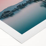 Art deco poster of Lake Tahoe with muted blue and green tones on rolled canvas, suitable for dining room wall art.