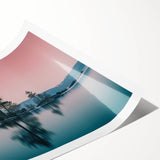 Extra large wall art featuring line art flowers over a Lake Tahoe scenery in muted blues and greens.