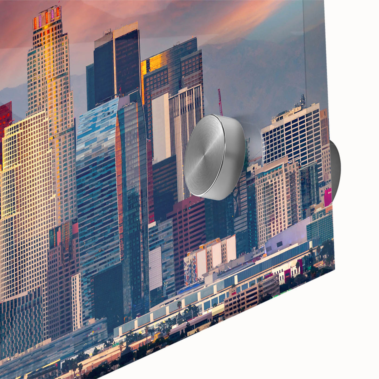 Large abstract depiction of Los Angeles skyline in muted earth tones on acrylic glass, suitable for dining room art.