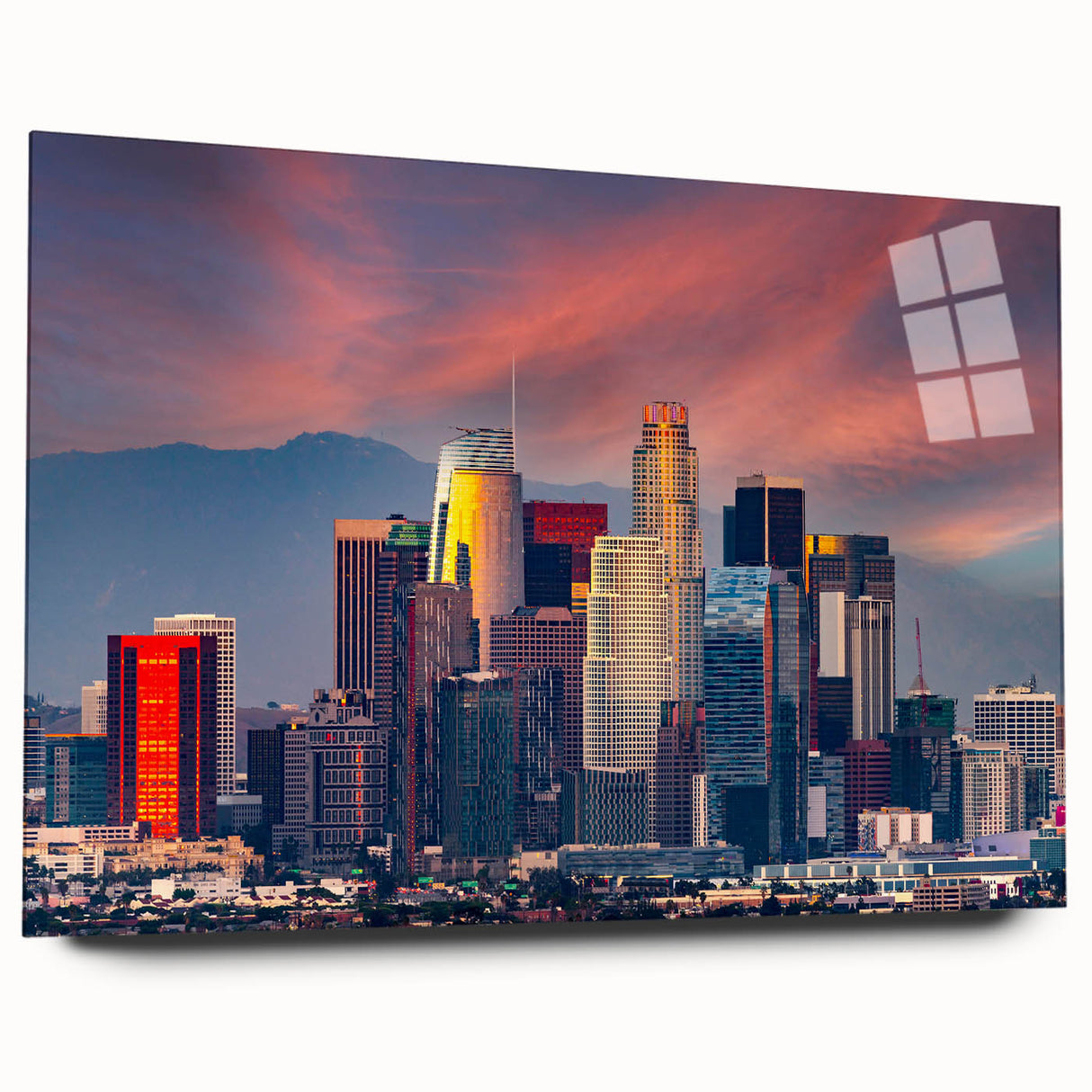 Acrylic print of a large abstract depiction of the Los Angeles skyline in muted blue and gray tones.