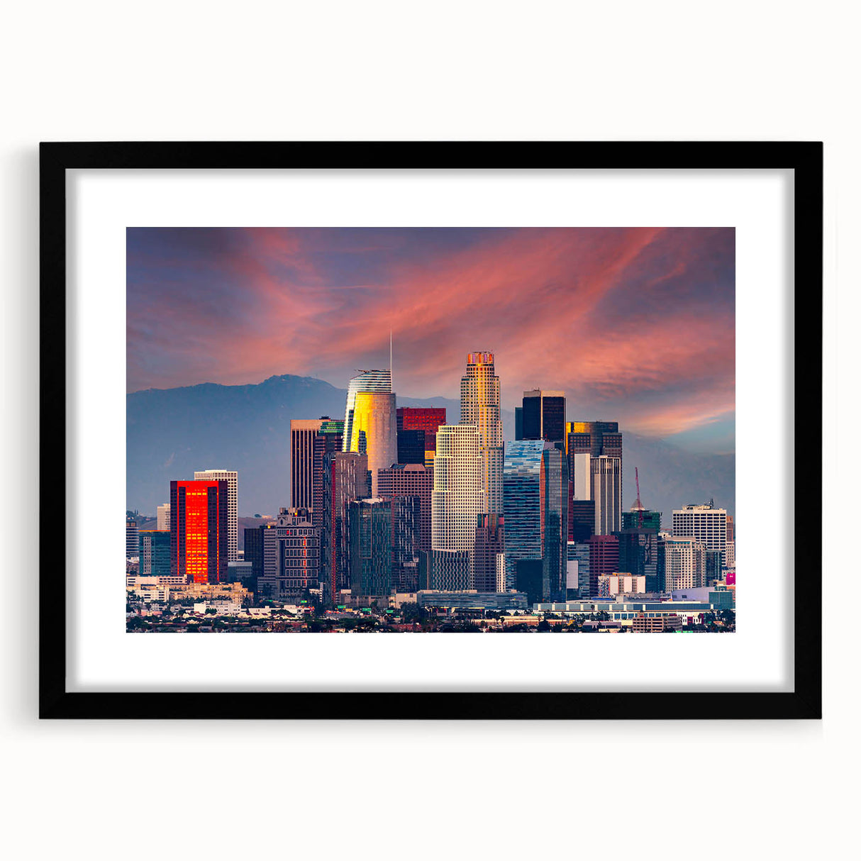 Abstract art print of Los Angeles in colorful, textured style on a large black-framed canvas, ideal for living room decor.