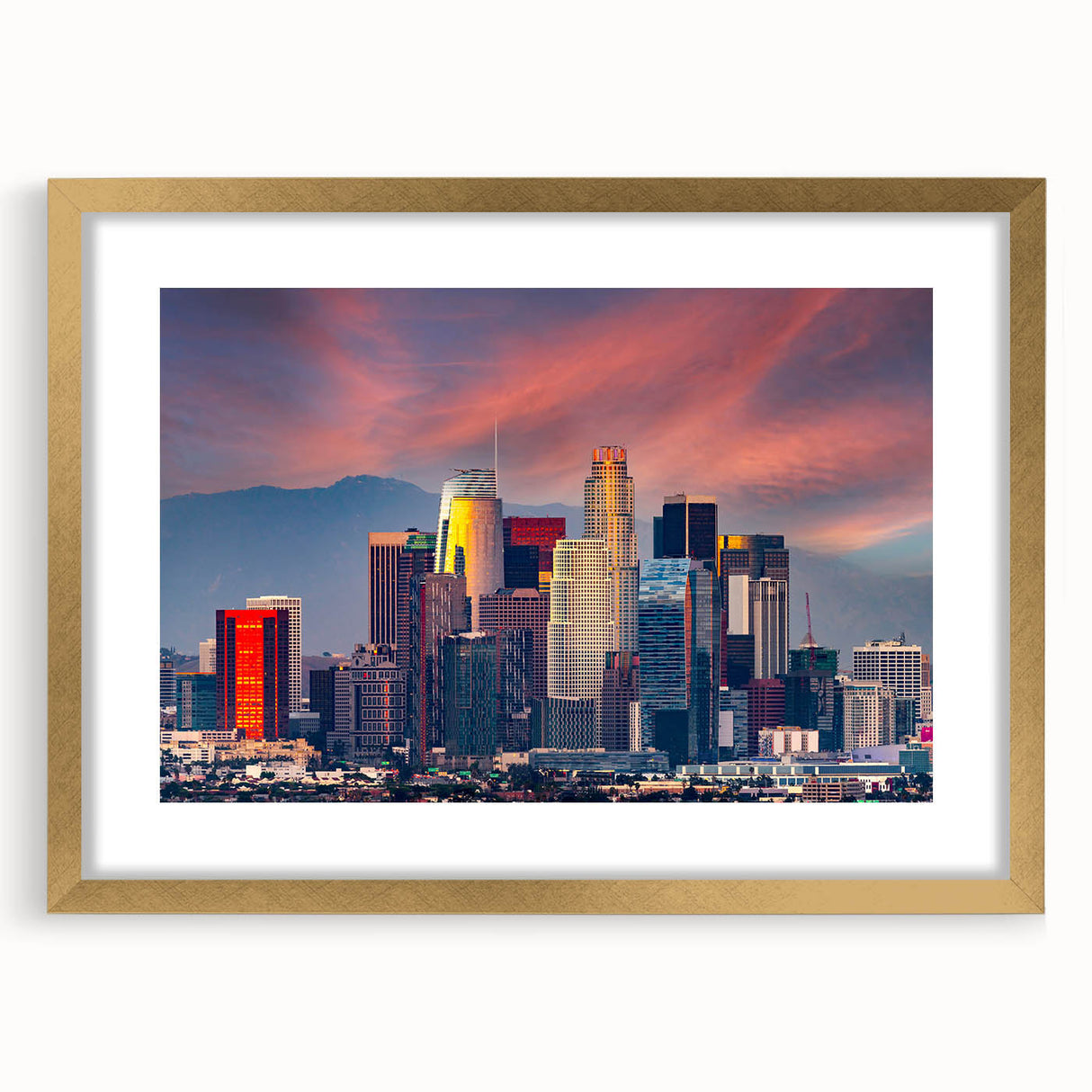 Extra large abstract art print of Los Angeles skyline in muted gray and gold, framed with mat, ideal for living room decor.