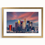 Extra large abstract art print of Los Angeles skyline in muted gray and gold, framed with mat, ideal for living room decor.