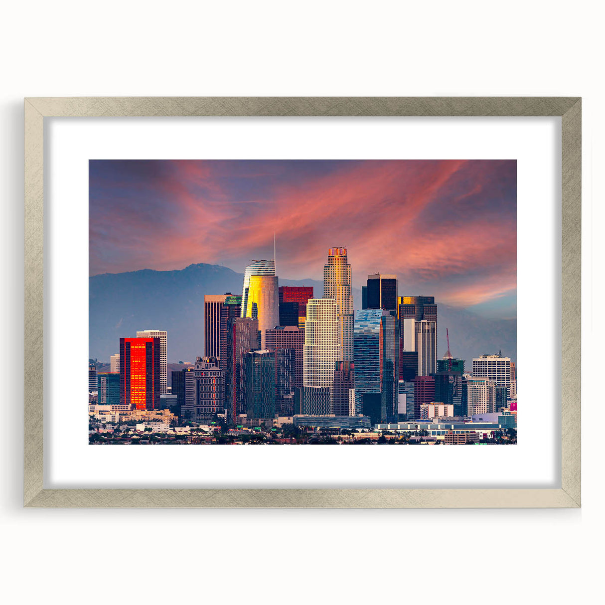 Textured abstract art print of Los Angeles skyline in silver frame, ideal for bedroom art.