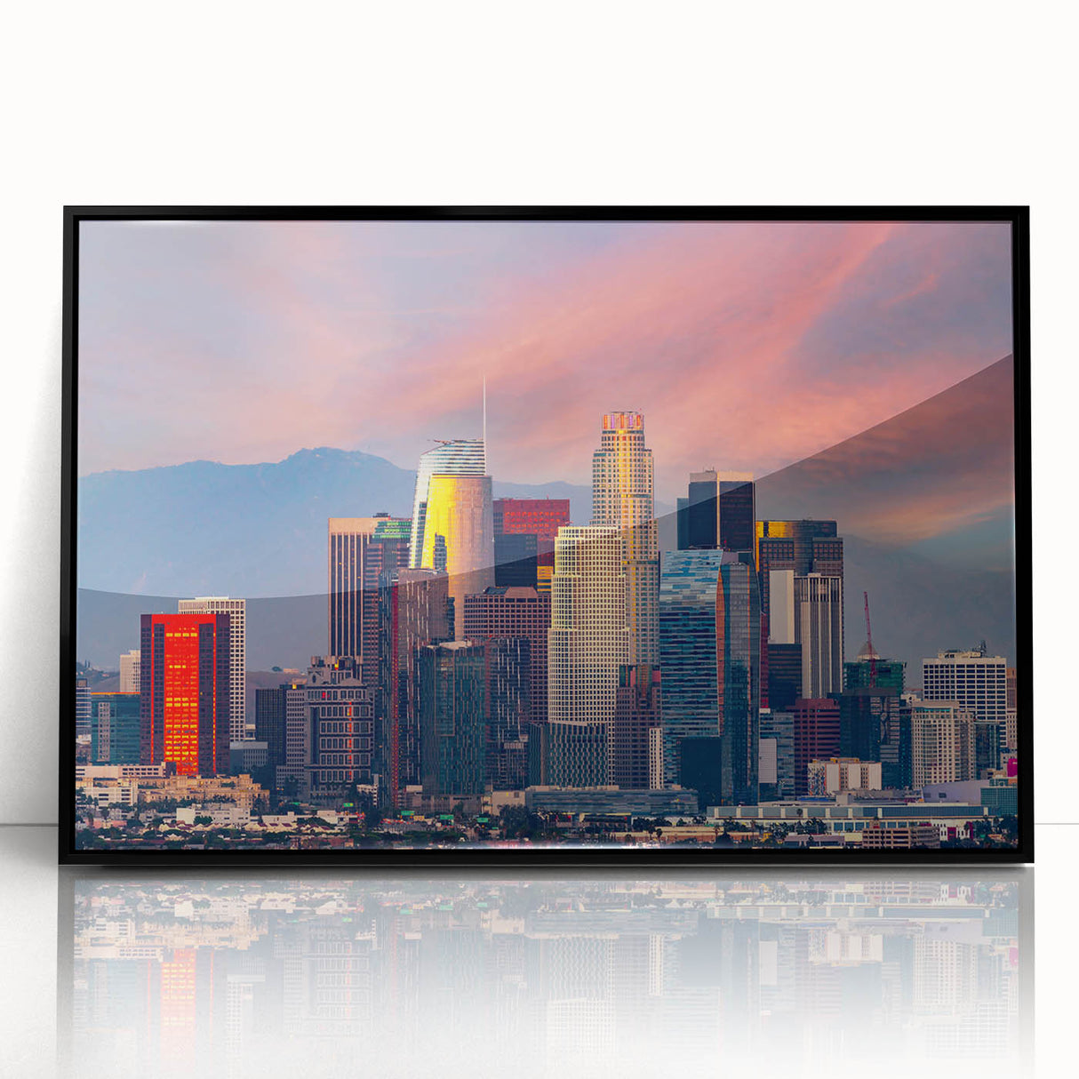 Large abstract wall art depicting the Los Angeles skyline in muted gray and blue tones on a framed acrylic panel.
