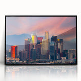 Large abstract wall art depicting the Los Angeles skyline in muted gray and blue tones on a framed acrylic panel.