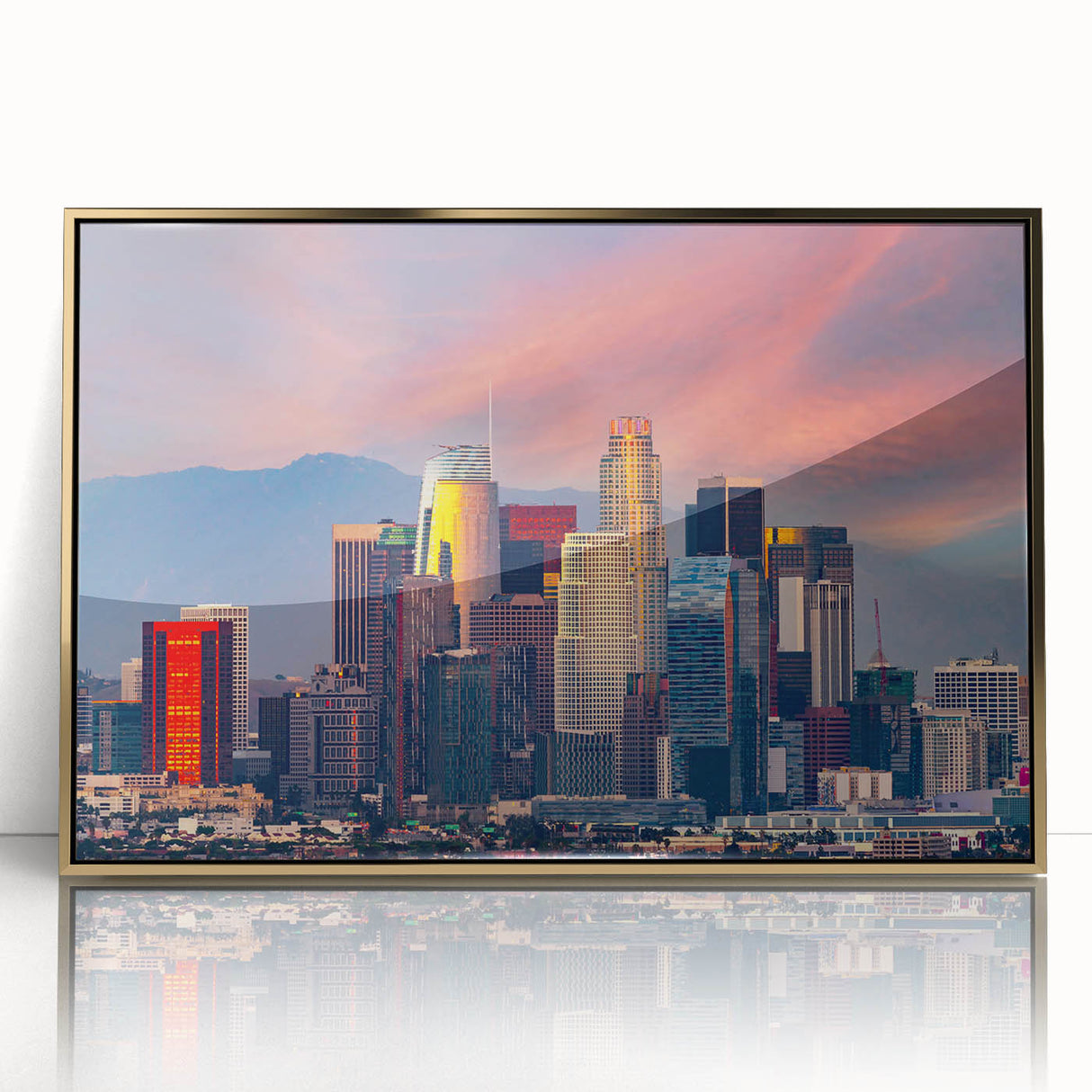 Large art print of Los Angeles skyline in muted gold tones on framed acrylic, ideal for modern art wall decor.