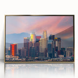 Large art print of Los Angeles skyline in muted gold tones on framed acrylic, ideal for modern art wall decor.