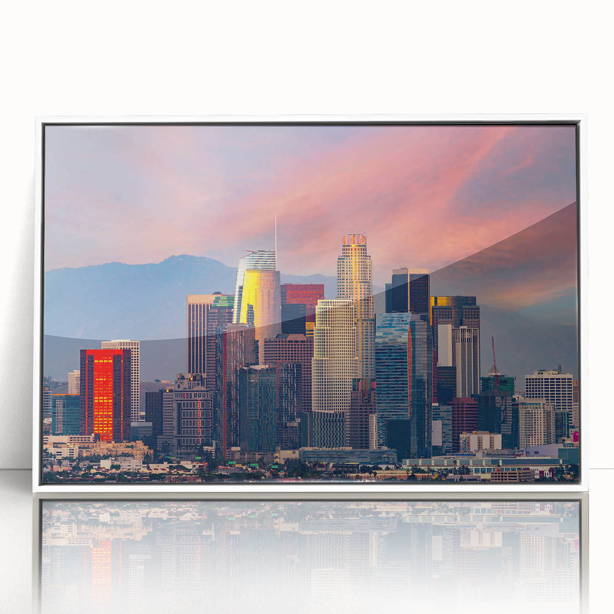 Acrylic print of Los Angeles skyline in art deco style, with muted grays and blues, ideal for modern nursery wall art.