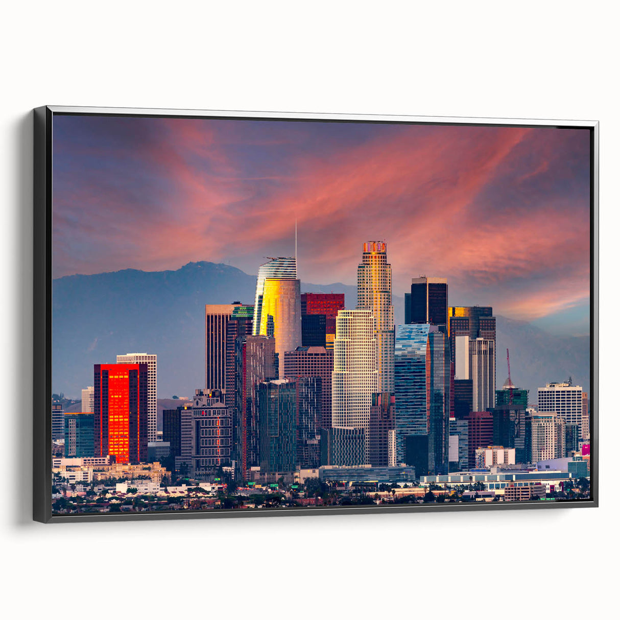 Black and white framed canvas of Los Angeles landscape, ideal for bedroom wall art.