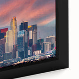 Extra large framed canvas featuring a textured depiction of the Los Angeles skyline in black with colorful art accents.