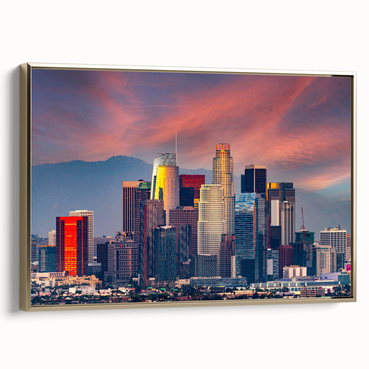 Framed canvas of a vintage Los Angeles landscape in muted gold and black tones, ideal for bedroom wall art.