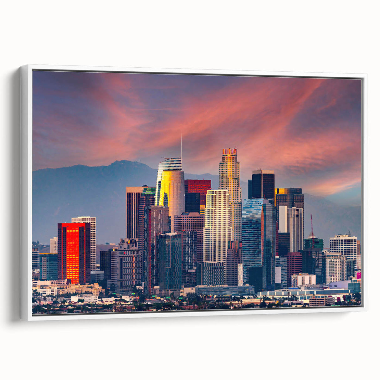 Vintage poster art of Los Angeles scenery in vibrant colors on a large framed canvas, ideal for living room decor.