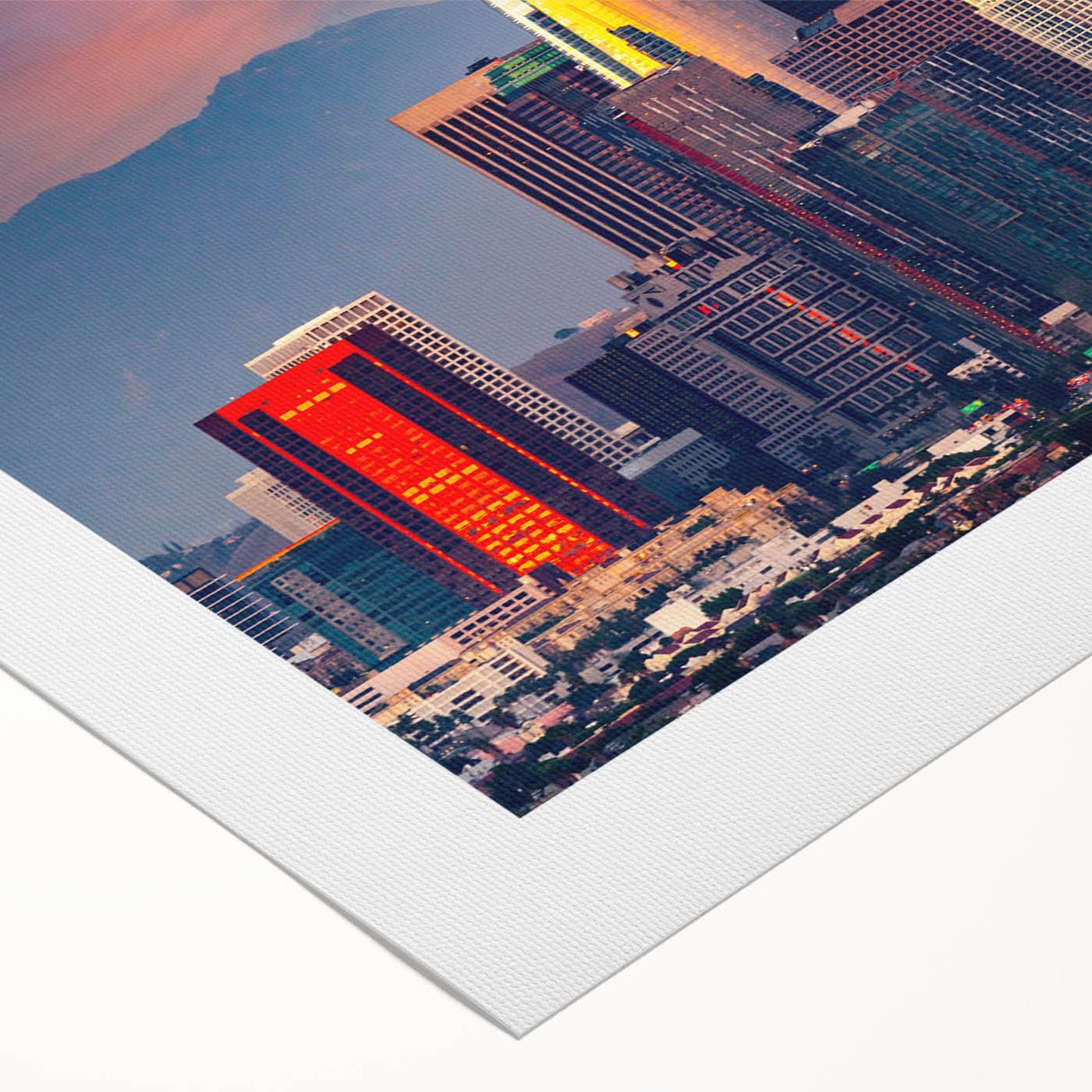Art Deco poster of Los Angeles skyline in muted gold and blue tones on rolled canvas, suitable for dining room decor.