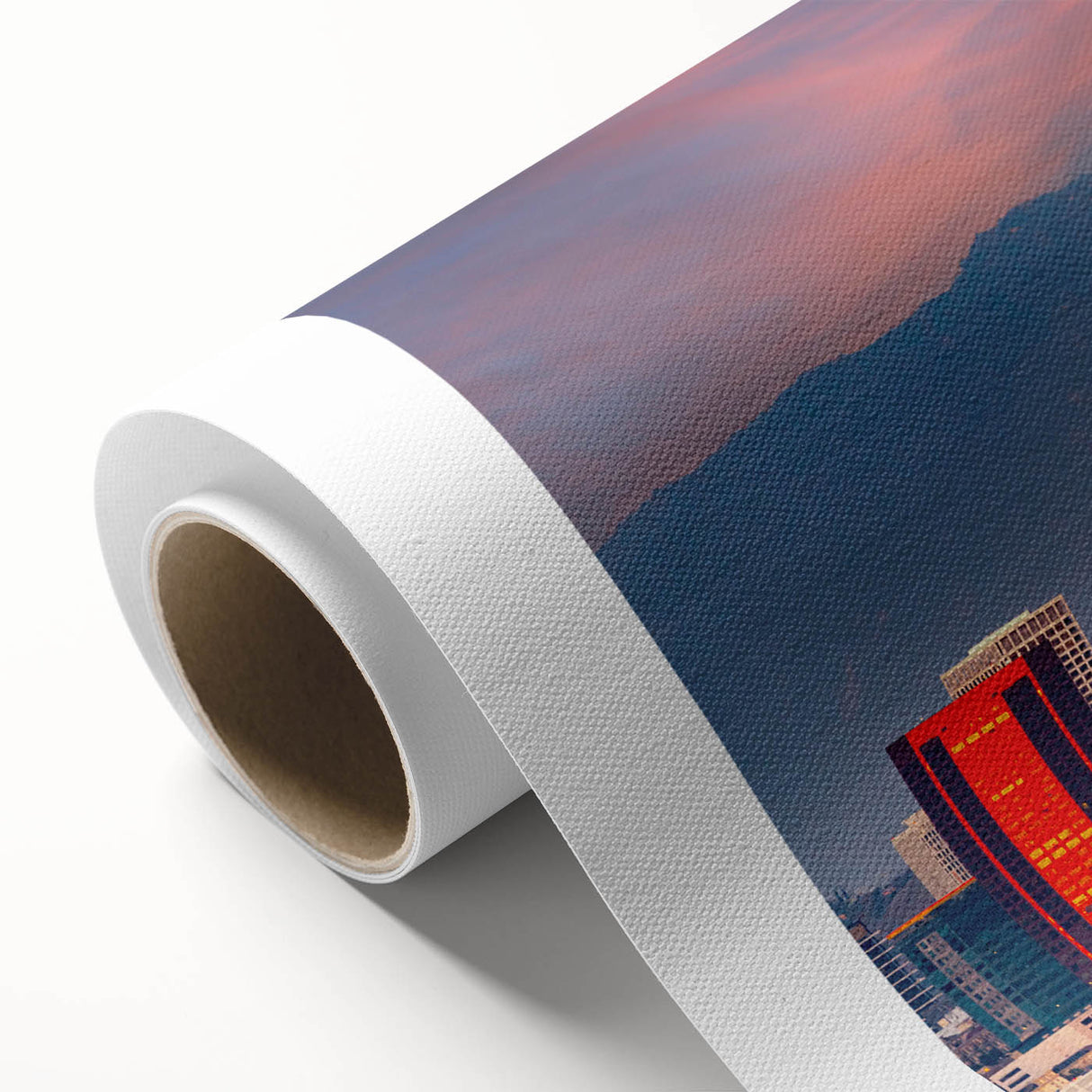 Art deco poster of Los Angeles skyline in pastel colors on rolled canvas, suitable as nursery wall art.