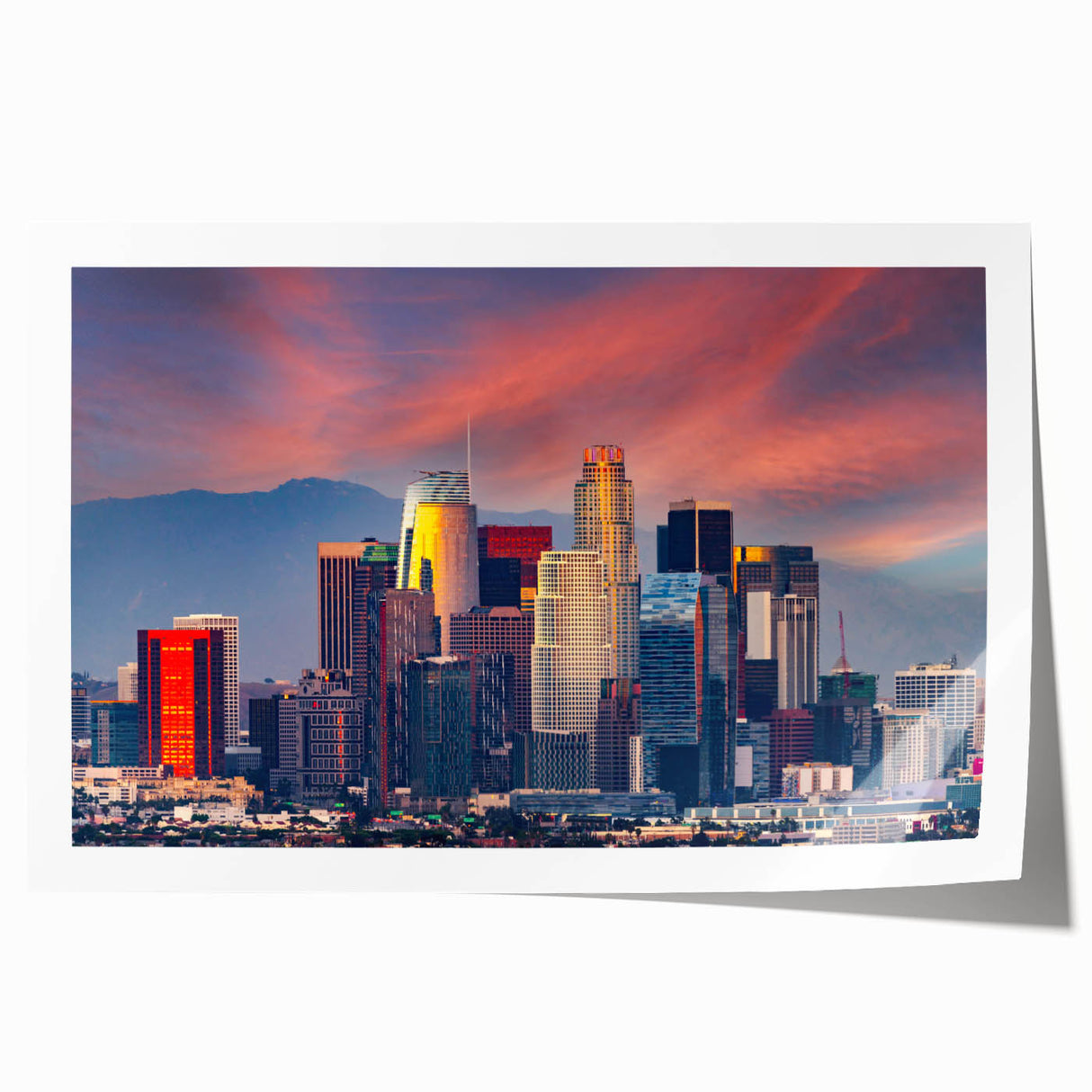 Los Angeles skyline in muted gray tones on a rolled canvas, suitable for dining room wall art.
