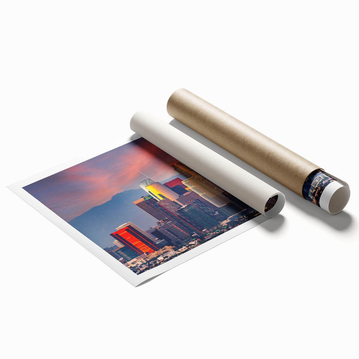 Extra large rolled print of Los Angeles skyline with vibrant sunset hues, ideal for classy bathroom wall art.