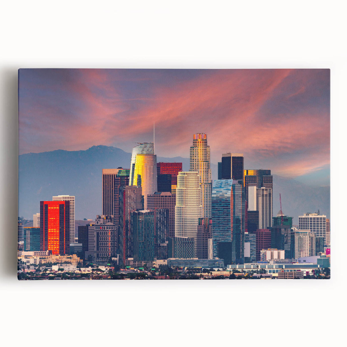 Black and white stretched canvas of Los Angeles skyline, ideal for kitchen art.